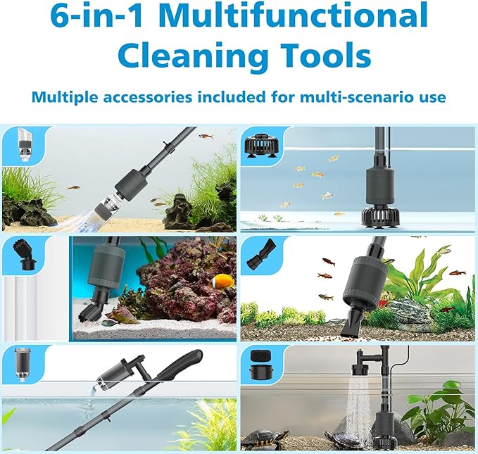 fishkeeper Aquarium Vacuum Gravel Cleaner, 25W 6 in 1 Multifunction Fish Tank Cleaner Kit for Automatic Water Change, Wash Sand, Water Circulation Infinitely Adjustable Flow Fish Tank Cleaner Vacuum