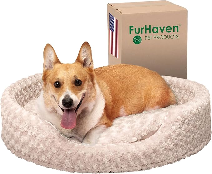 Furhaven Dog Bed for Large Dogs w/ Removable Washable Cover & Pillow Cushion Insert, For Dogs Up to 55 lbs - Ultra Plush Faux Fur Oval Lounger - Cream, XL/Extra Large