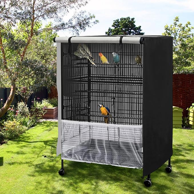 Bird Cage Cover, 600D Universal Pet Cage Cover for Night,100% Shading Oxford Cloth with PU Coating Layer, Adjustable Soft Airy Nylon Mesh Net
