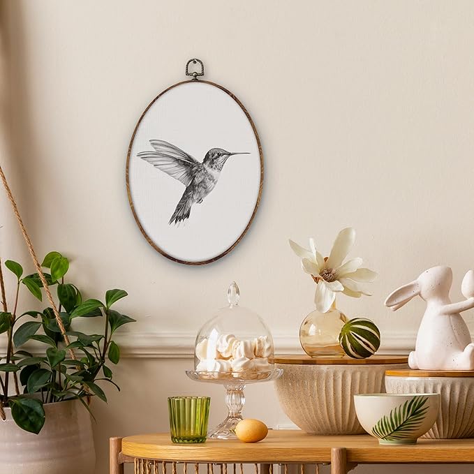 DILSJ Vintage Hummingbird Sketch Oval Wall Art Decor, Rustic Farmhouse Hummingbird Canvas Wall Art Framed, Neutral Bird Hanging Decorations for Home Living Room Bedroom, 11x8.5 Inch