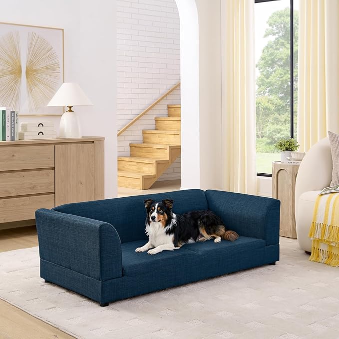 Oversized Dog Sofa Couch for Medium & Large Dogs, Modern Pet Couch Bed with Backrest & Armrests, Supportive Foam Cushion, Linen Fabric Dog Couch