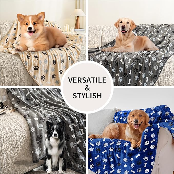 Dog Blanket Paw Bone Pattern 1 Pack 3 Colorful 60"*50" Super Soft Warm Flannel Sofa Cover Car Bed Protector, Urine Proof Washable Outdoor Pet Blanket for Puppy Large Dogs & Cats