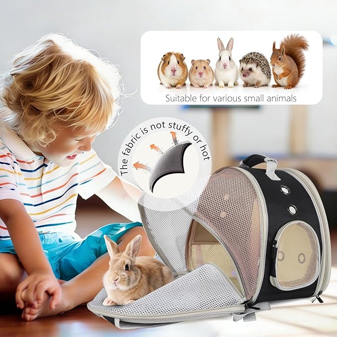 Back Expandable Backpack for Small Animals, Portable Travel Bag Breathable Pet Carrier Cages for Bunny, Guinea Pig, Bearded Dragon, Lizard, Rabbit, Squirrel, Tortoise, Kitten, Sugar Glider
