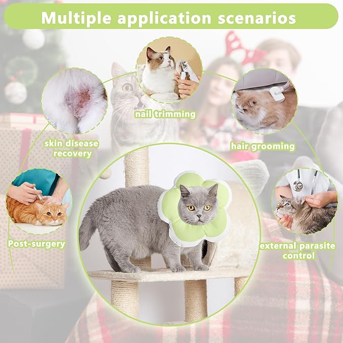 Cat Cone Collar Soft, Waterproof Cats Cones to Stop Licking After Surgery, Adjustable Soft Elizabeth Cats Collars for Wound Healing, Flower Shape Cat Recovery Collar (Green, Large)