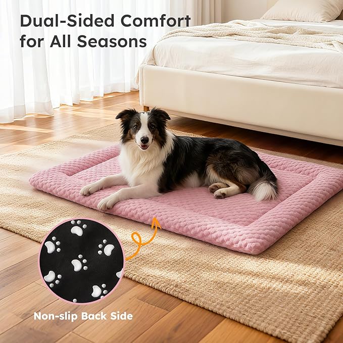Dog Bed Mat, Dual-Sided Dog Crate Bed Mat - Ultra Soft & Machine Washable Kennel Pad for Medium Dogs, All-Season Comfort Pet Bed for Crates, Travel, and Home, Pink, 30 x 18 Inch