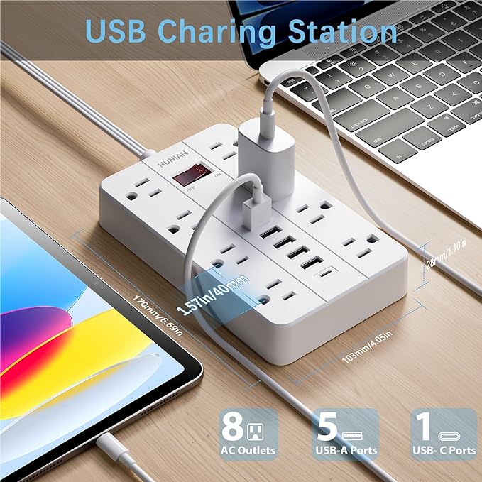Extension Cord Power Strip Surge Protector 15 Ft, HUNIAN Flat Plug with 8 Widely Spaced Outlets 6 USB (1 USB C Port), Wall Mount Charging Station for Home and Office