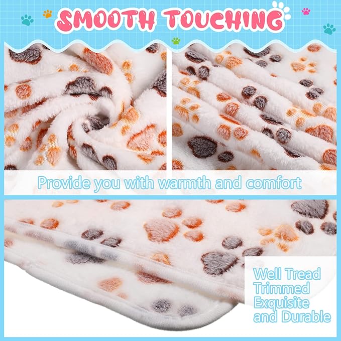 Tatuo 4 Pcs Dog Blanket for Pet Cat Blankets Indoor Puppy Teething Stuff Toys Paw Print Fleece Soft Blanket Sleep Mat for Guinea Pig Cage(White,Medium(30 x 20.5 Inch),Square)