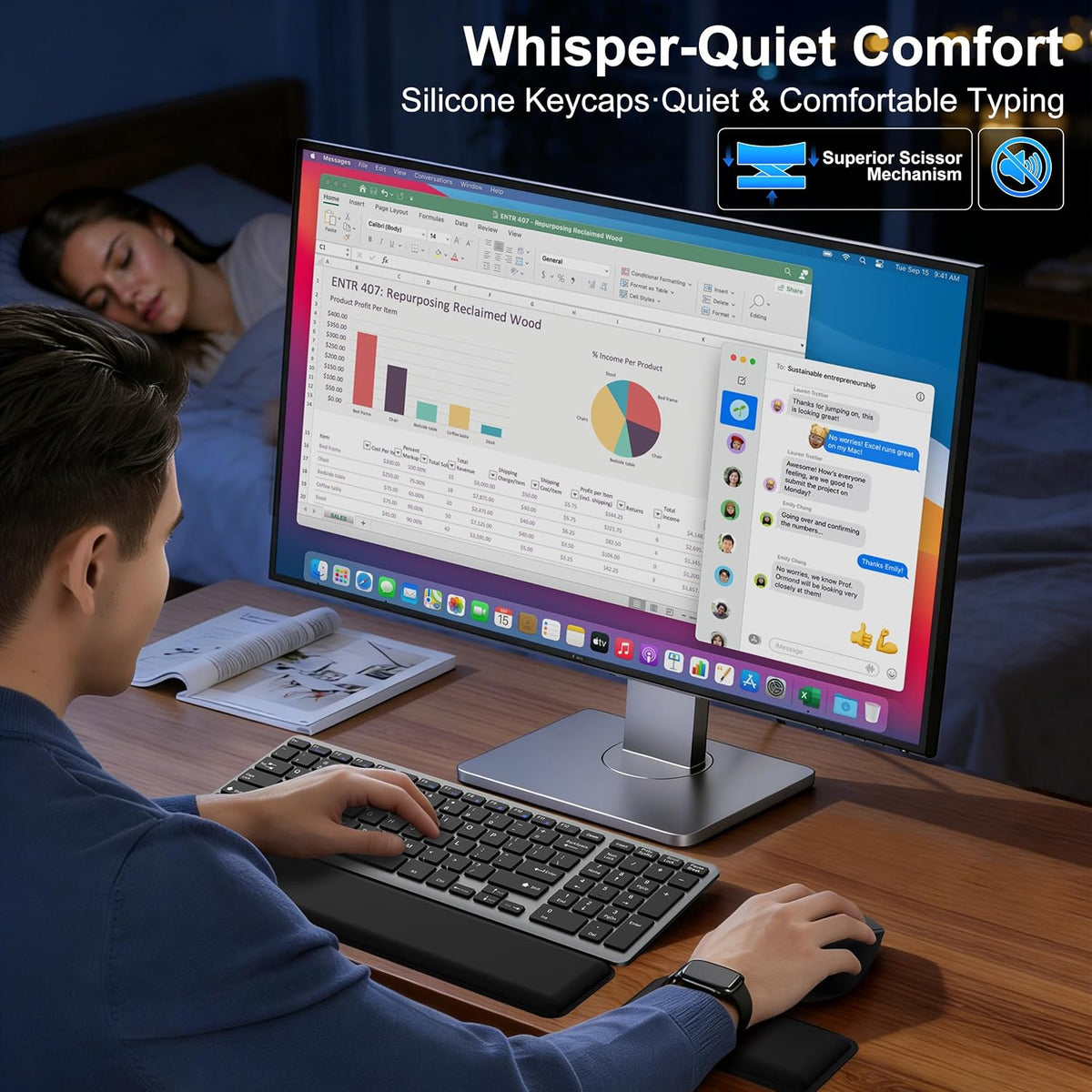 Ultra Slim Quiet Silent Wireless Keyboard and Mouse Combo with Magnetic Wrist Rest, Rechargeable Quiet Full-Size Keyboard and Mouse Combo Set Ultra Slim Design for Computer, Mac, Laptop, PC