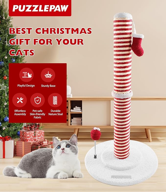 Christmas Cat Scratching Post,Christmas Cat Scratcher for Indoor Cats,Xmas Cat Tree Tower Activity Cat Play Center with Santa Danging Sock Toys and Gift Box
