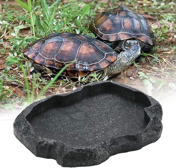 HEEPDD Reptile Bowl, Resin Rock Reptile Food and Water Feeder Pet Aquarium Ornament Terrarium Dish Plate for Tortoise Lizard (Dark Green M)