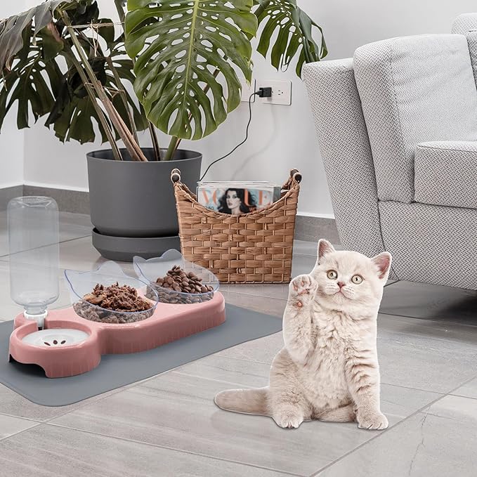 Triple Cat Bowls with Water Dispenser, Pet Water and Food Bowl Set with Non-Slip Mat and Scoop, 15° Tilted Double Dog Cat Bowls, Wet and Dry Food Bowl Set for Cats & Small Dogs (Pink)