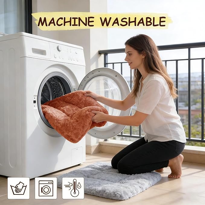 Washable Dog Bed for Small to Large Dogs, Calming Anti Anxiety Medium Dog Bed, Deluxe Plush Faux Fur Crate Beds, Comfy Fluffy Kennel Pad Pet Sleeping Mat with Non-Slip Bottom, 30"x20", Brown