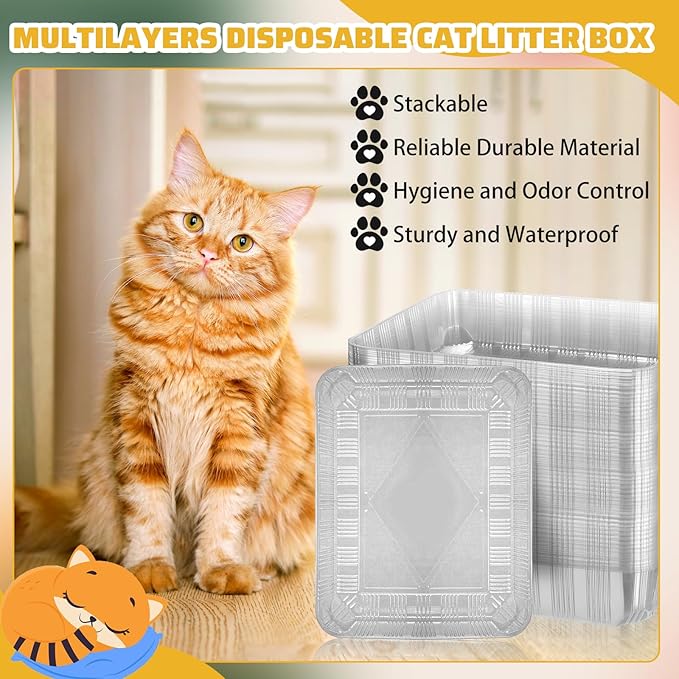 Zubebe 50 Pack Disposable Cat Litter Box for Cats, Large Disposable Kitty Litter Tray Boxes 19.69 x 15.75 x 3.94 Inches Plastic Pets Pan Standard for Indoor Home Travel Portable(Clear)