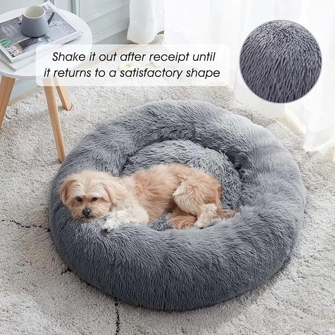 SALAN Calming Donut Dog Bed for Small Dogs and Cats, 16 Inch Round Plush Faux Fur Pet Bed, Washable Fluffy Self Warming Anti Anxiety Cuddler Bed for Puppy, Kitten, Indoor Cats (Khaki)