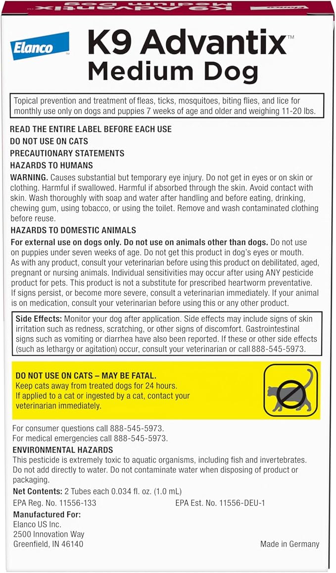 K9 Advantix Flea, Tick & Mosquito Prevention for Dogs 11-20 lbs. | Flea Drops for Medium Dogs | Apply Monthly | 2 Treatments (Pack of 3)