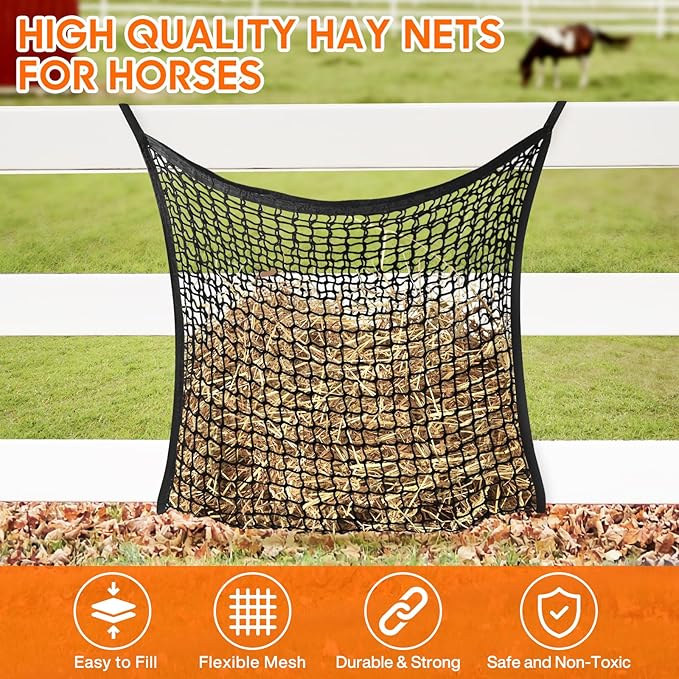 2 PCS Slow Feed Hay Net, Hay Bags for Horses with Large Capacity, Horse Feed Bag Easy to Hang, Hay Nets for Horses for Horse Feeder Full Day Feeding Horses Goat Stall Trailer (31.5" x 35.1")