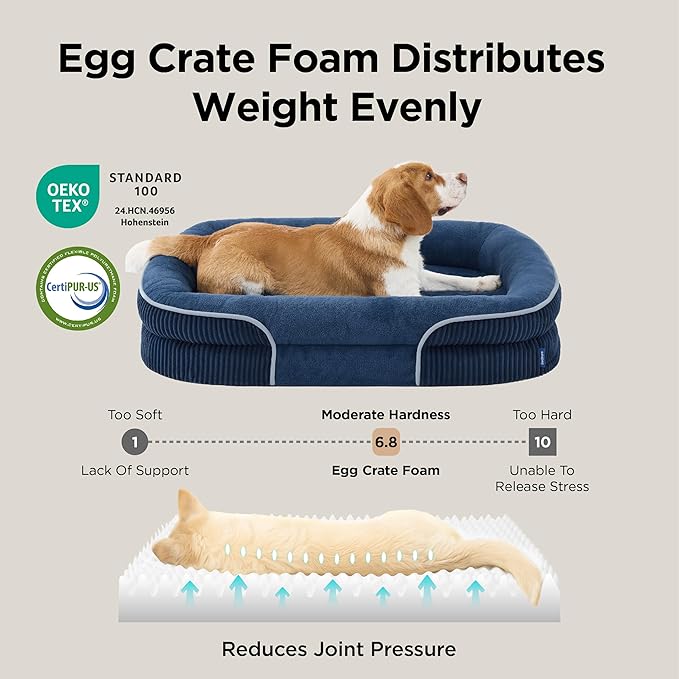 Bedsure L Plus Orthopedic Dog Beds Large Sized Dog - 360° Oval Bolster Large Dogs Bed for Senior Dogs with Waterproof Washable Cover, Big Comfort Pet Sofa Couch with Ultra-Soft Fleece, Navy Blue, 38"