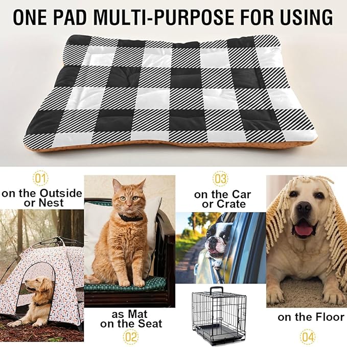 Buffalo Plaid Dog Bed Mat Black and White Pet Kennel Beds Washable Cat Beds Crate Pad Pets Sleeping Mattress for Large Medium Small Dogs 24 x18 Inch