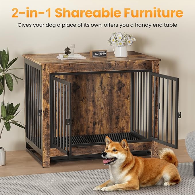 Dog Crate Furniture, 38 Inch Indoor Dog Kennel for Medium Dogs Up to 50 LBS, Heavy Duty Wooden Pet Cage End Table with 3 Doors, Alloy Steel Frame & Removable Tray