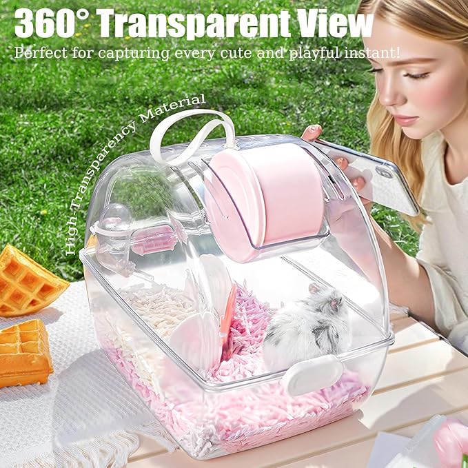 Small Portable Hamster Cages,13×8.2×10.8 Inch Hamster Carrier with Water Bottle,Dwarf Hamster Travel Cage with Storage Box,360º Transparent Acrylic Pet Travel Carrier Cage,Outdoor Animals Carry(Pink)