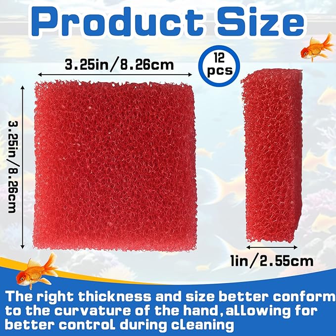 12-Pack Aquarium Glass Cleaner Sponges 3.25" x 3.25" x 1", Non-Scratch Scrubber Pads, Thick & Durable, Safe for Glass Fish Tanks for Crystal Clear View (Red)