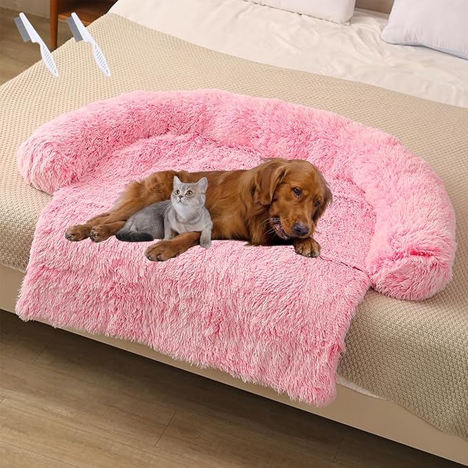 Dream Cloud Pet Sofa Bed for Dogs Cats, 2026 Washable Removable Calming Fluffy Plush Mat for Furniture Protector, Long Fur Non-Slip, for Small/Medium/Large Home Pets (Light Pink, L: 37.4 * 33.5IN)
