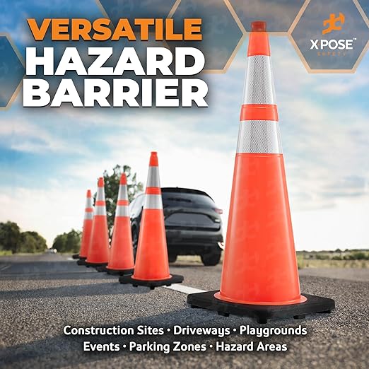 Xpose Safety 36 Inch Orange Traffic Cones with 6" & 4" Collars, 8-Pack - Multipurpose PVC Plastic Safety Cone for Parking, Soccer, Caution, Kids and Construction - DOT Approved