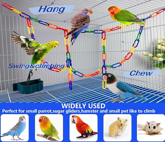 200-Piece Rainbow Plastic Chain Links & Toys - Interlocking C-Clip Bird Cage Accessories for Parakeets, Sugar Gliders, Small Pets (Climbing/Swinging Toys)