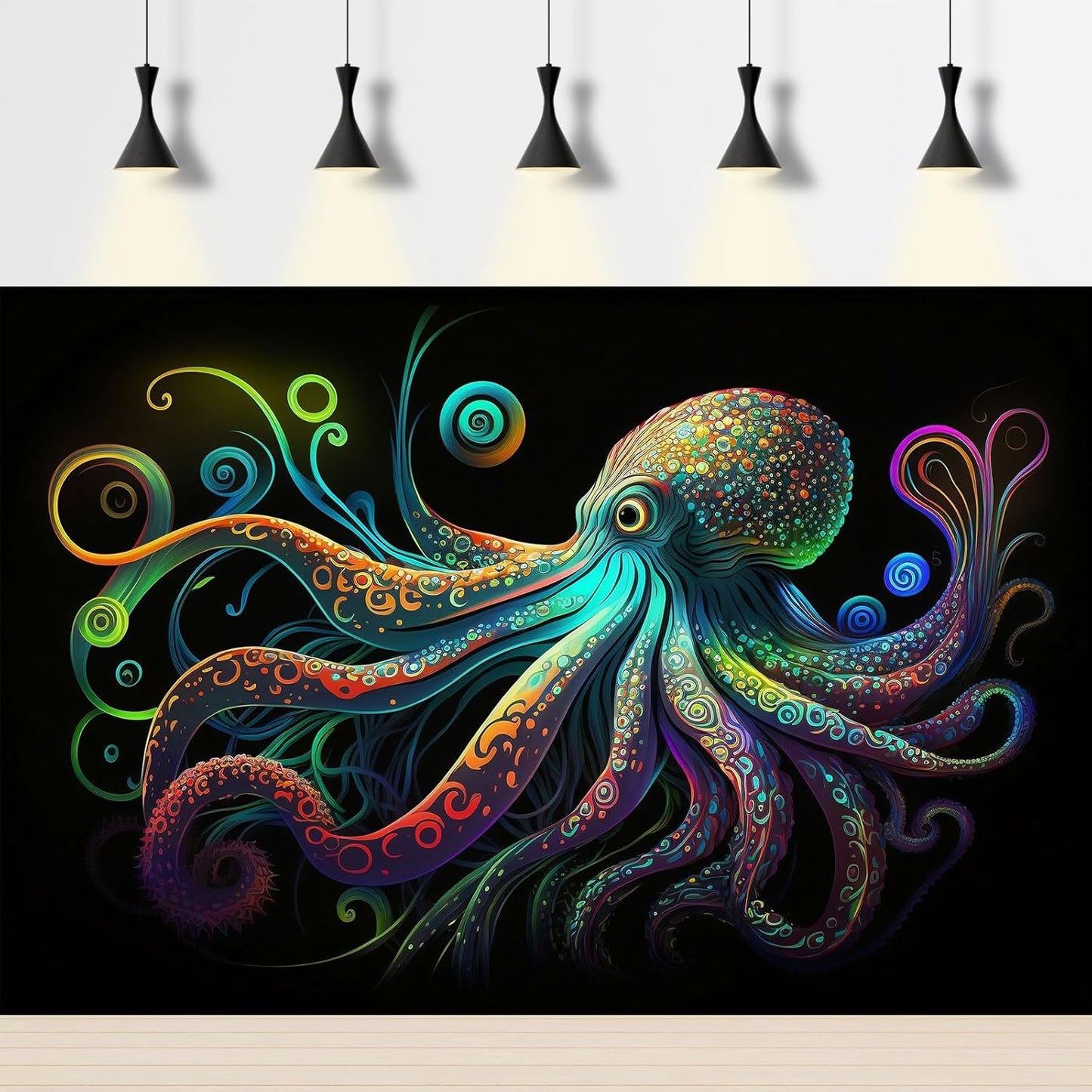 Octopus Aquarium Background Exquisite Colorful Octopus Terrarium Background Glowing Octopus on Black Background Fish Tank Backdrop Octopus Backdrops Poster Wallpaper Decorations Vinyl 72x18in