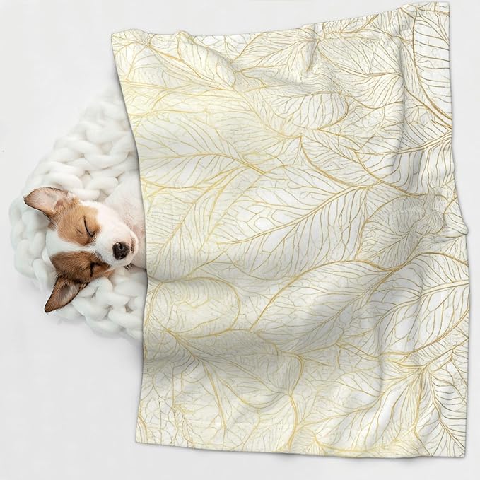 Waterproof Dog Blanket Soft Pet Blanket for Puppy Cat, Fleece Cat Throw Blankets for Furniture Bed Couch Sofa Reversible - Elegant Gold Leaf Pattern