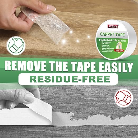 YYXLIFE Double Sided Removable Rug Tape - Carpet Adhesive for Hardwood Floors,Non Slip Anti Curling Floor Tape for Area Rugs,Mats,Carpets - No Residue Strong Hold for Tile, 2Inch x 10Yards,White