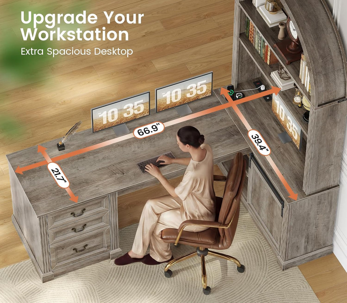 SEDETA 67" L Shaped Desk with Tall Arched Bookshelf & 3 Drawers Storage