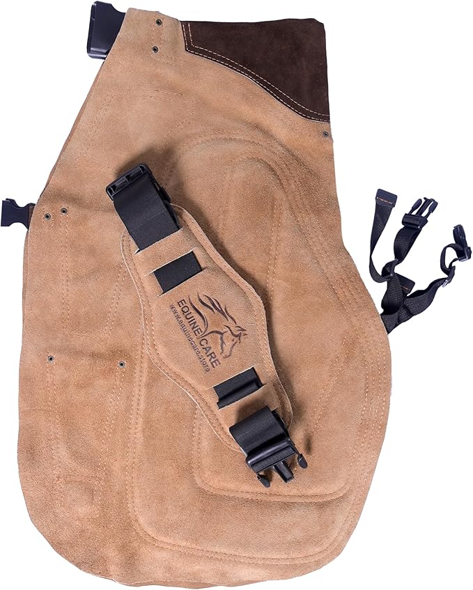 Equine Care Farrier Apron Chaps – Cowhide Suede Leather, Foam Padded Thigh and Back Support, Adjustable Waist, Tool Pockets, Magnetic Nail Holders (25 inches (65 cm))