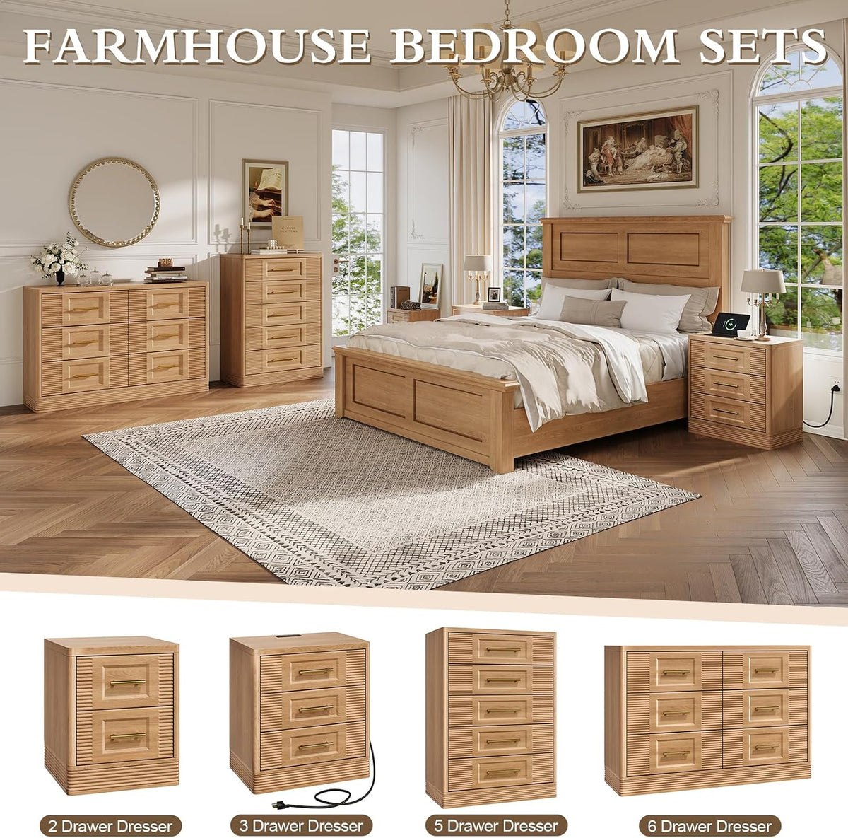 RECHHX 6 Drawer Dresser for Bedroom,Nature Oak Wooden Wide Chest of Drawers