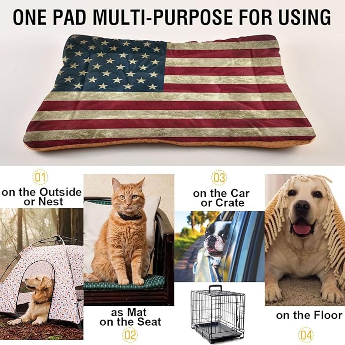 American Flag Dog Bed Mat, Cat Crate Pad with Non-Slip Bottom Washable Soft Pet Kennel Beds for Small Medium Large Dogs, 36"x24"