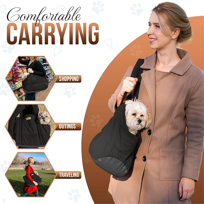 Plush Dog Purse Carrier for Small Dogs, Soft Dog Tote Bag with Safety Harness Clip, Cozy Pet Carrier for Dogs Under 15 lbs, Comfortable Dog Shoulder Carrier for Travel, Black