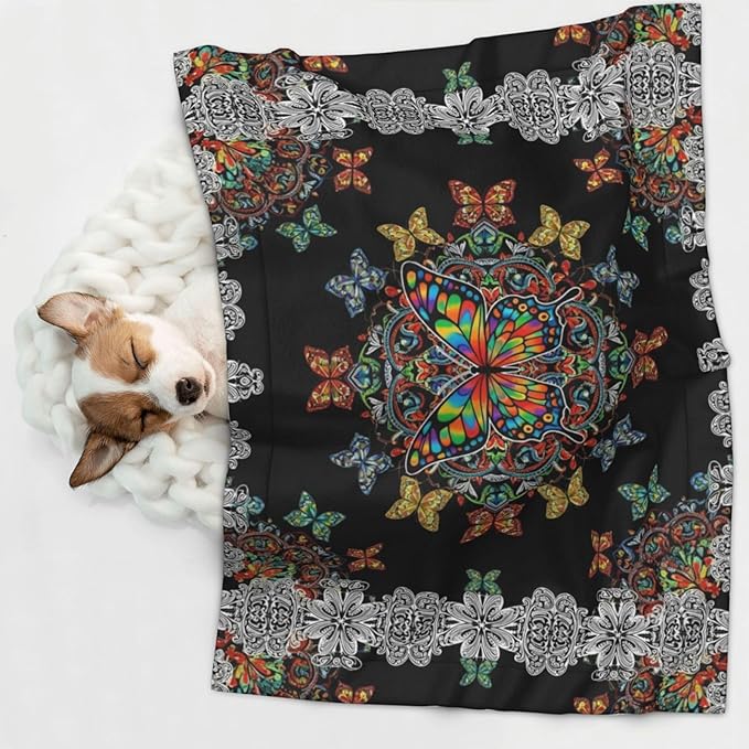 Dog and Cat Blanket in One, Butterflies Mandala Rainbow Art Black and White, Double Sided Plush Throw with Raised Dot Pattern on One Side and Flat Velvet on Other for Variety