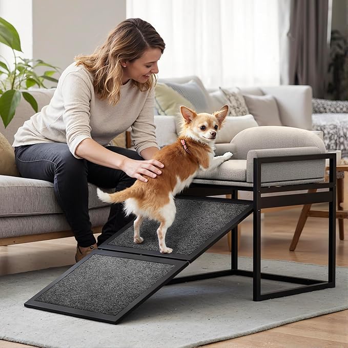 AZV Non Slip Dog Stairs Ramps for High Bed,Extra Wide Seat Chairs Mate for Small Puppy,Metal Frame Steps for Doggie to Get on Bed with Platform,Office Window Old Doggy Couch,Dachshunds Ladder Khaki
