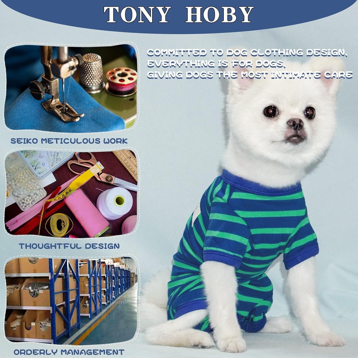 TONY HOBY Dog Pajamas for Medium Small Dogs, Dog Jumpsuit with Stripes 4 Legged Pajamas, Soft Dogs Pet Clothes (Blue&Green, Girl, XS)