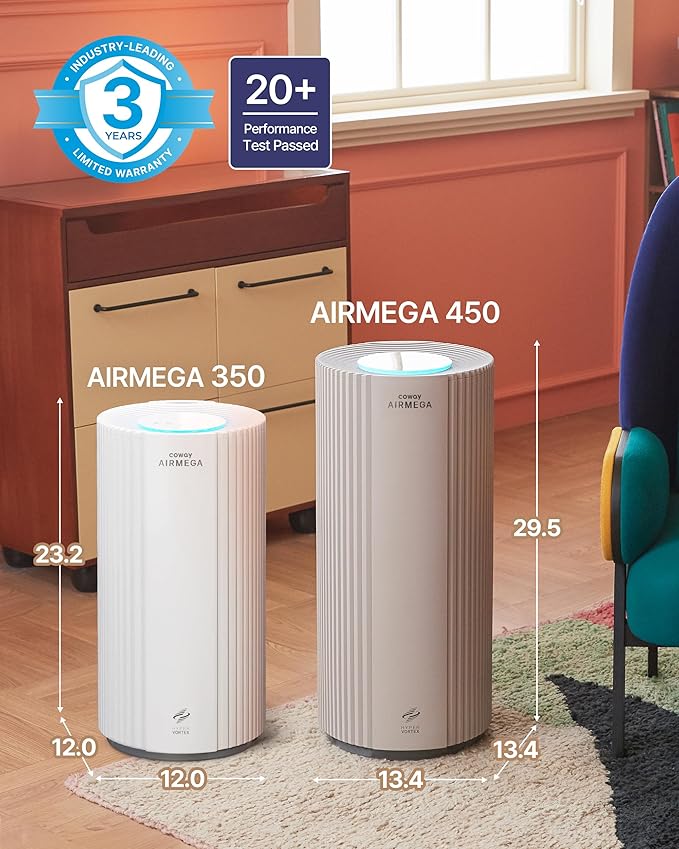 COWAY Air Purifier for Large Room Whole Home Up to 2,640 ft², HEPA Filter for Smoke, Allergen, Pet Dander, Odor, PM 10 AQI, Turbo Eco Mode, Timer, Energy Star, 3yr Warranty, Airmega 350 Beige