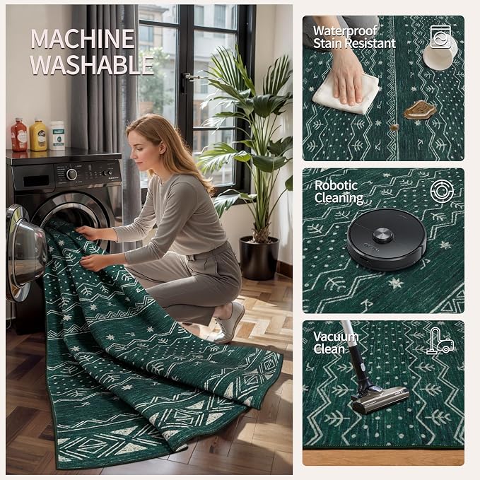 SERISSA 2x6 Kitchen Runner Rug, Washable Non-Slip Dark Green Boho Rug, Soft