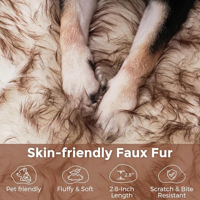63 Inch Faux Fur Dog Bed for Large/Medium Dogs Orthopedic Beds with Fluffy Faux Fur & Soft Memory Foam for Joint Pain Relief, Machine Washable and Waterproof Dog Couch Beds White with Brown ﻿