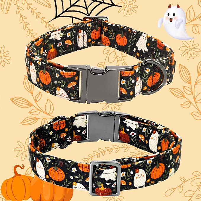 Halloween Dog Collar, Ghost Print Adjustable Pet Collar Fall Pumpkin Cute Cotton Soft Collars with Bow Tie Fall Metal Buckle Holiday Puppy Collars Boy&Girl Gift for Small Dogs