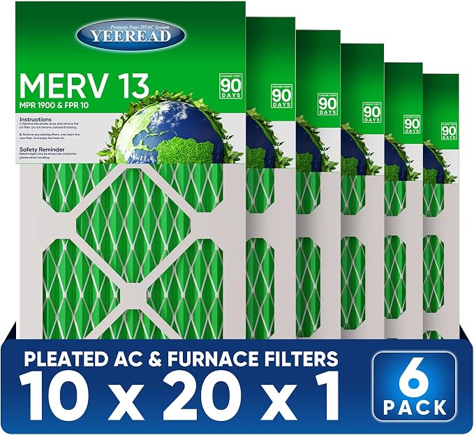 10x20x1 MERV 13 Air Filters, Actual Size: 9.70" x 19.70" x 0.75", Pleated Design