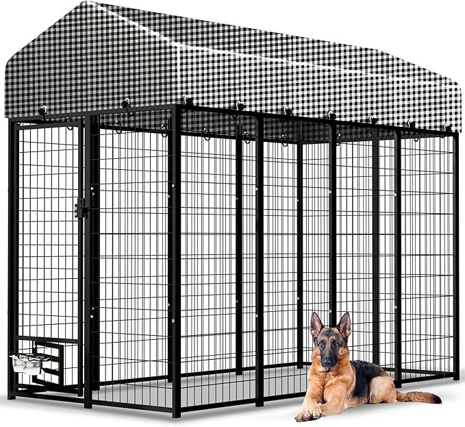 Large Outside Dog Kennel, Outdoor Dog Run Enclosure 8'x4'x6'（Including The roof） Dog Pen House with Roof Cover Heavy Duty Welded Wire Steel Dog Playpen Animal Fence with Feeding Door