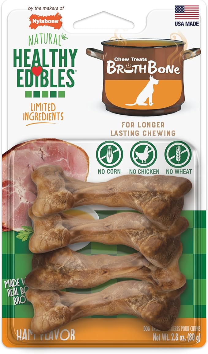 Nylabone Healthy Edibles Broth Bone Natural Dog Chews Long Lasting Treats Ham Flavor Small/Regular - Up to 25 Ibs. (4 Count)