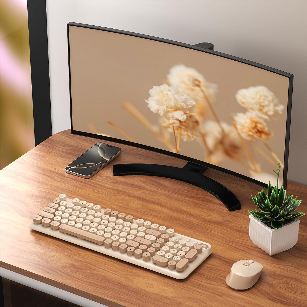 Links9+ Wireless Keyboard and Mouse Combo, Full Sized (Milk Tea)