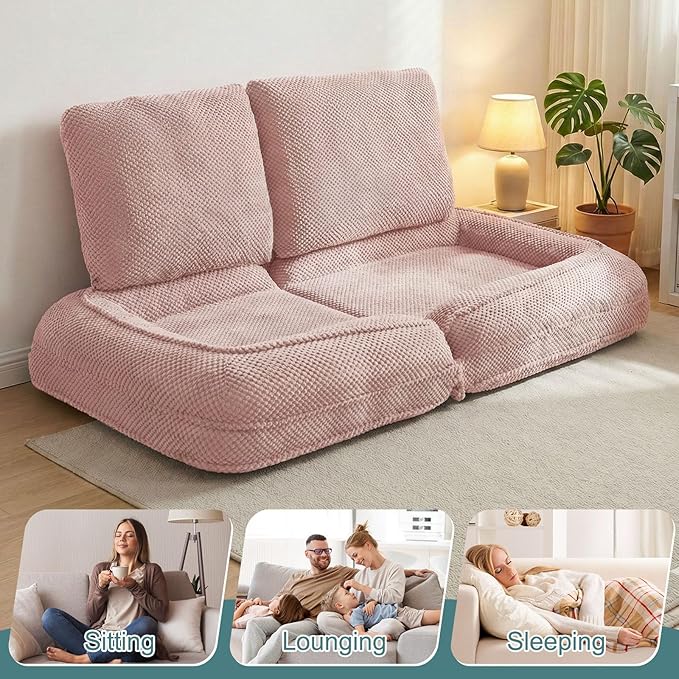 Human Dog Bed for Adults & Pets, 5-Position Adjustable Floor Chair, Convertible Lazy Sofa Bed with Metal Frame & 2 Pillows, Plush Gaming Lounge for Living Room Bedroom Office (Pink)