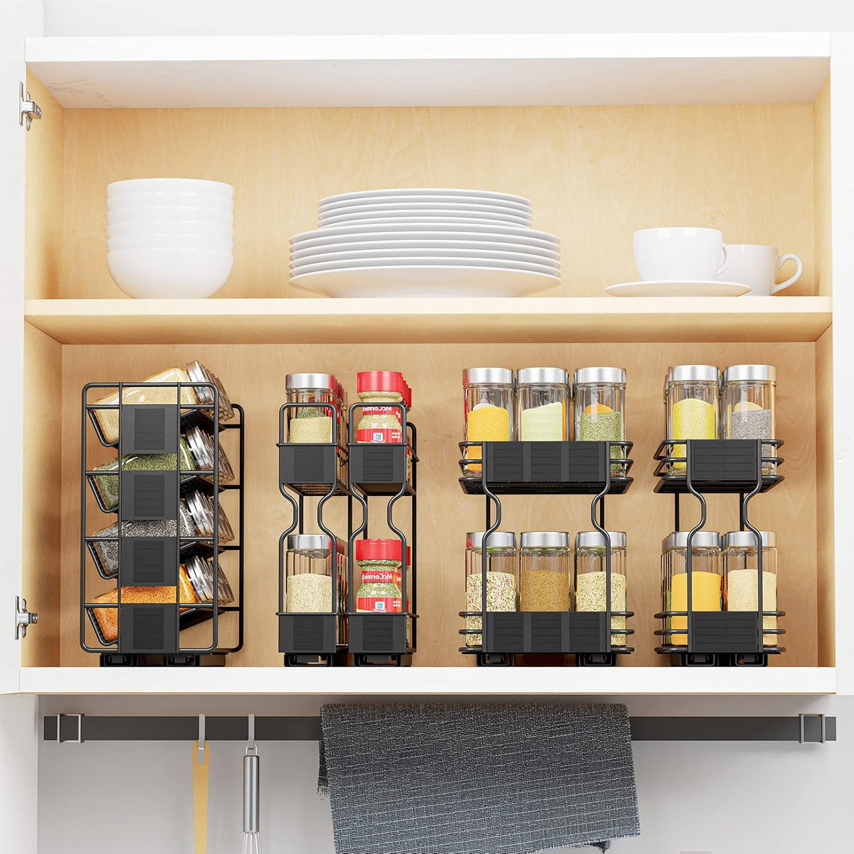 SpaceAid Pull Out Spice Rack Organizer with 20 Jars, Heavy Duty Slide Out Seasoning Organizer for Kitchen Cabinets, with 801 Labels and Chalk Marker, Right Facing