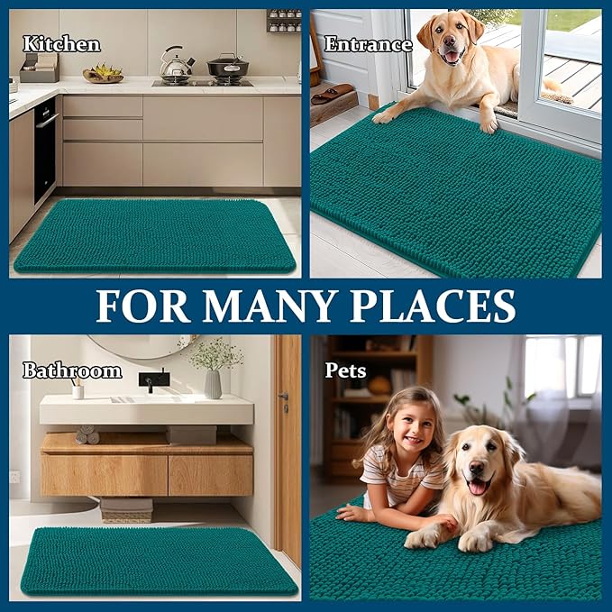 OLANLY Dog Door Mat for Muddy Paws 36x24, Absorbs Moisture and Dirt, Absorbent Non-Slip Washable Doormat, Quick Dry Chenille Mud Mat for Dogs, Entry Indoor Entryway Carpet for Inside Floor, Lake Blue